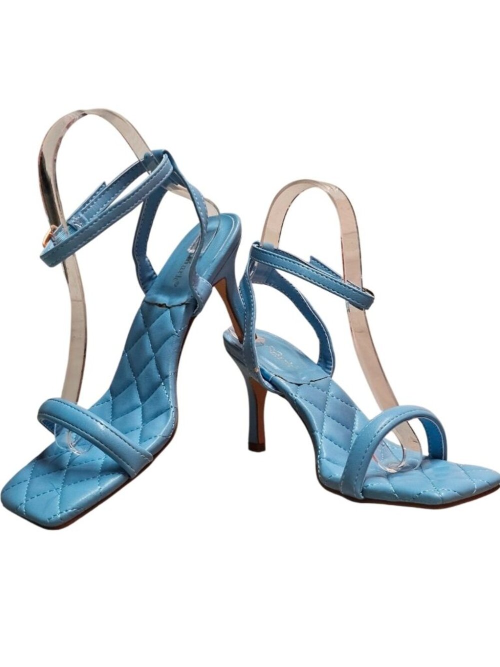 Quilted Sky Blue Heeled Sandals With Adjustable Strap & Square Toe Design For Wo
